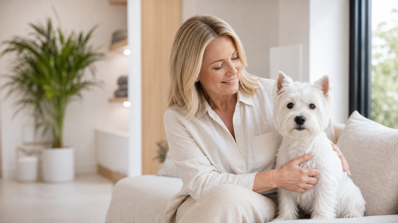 Professional Westie breeder with a healthy adult West Highland White Terrier
