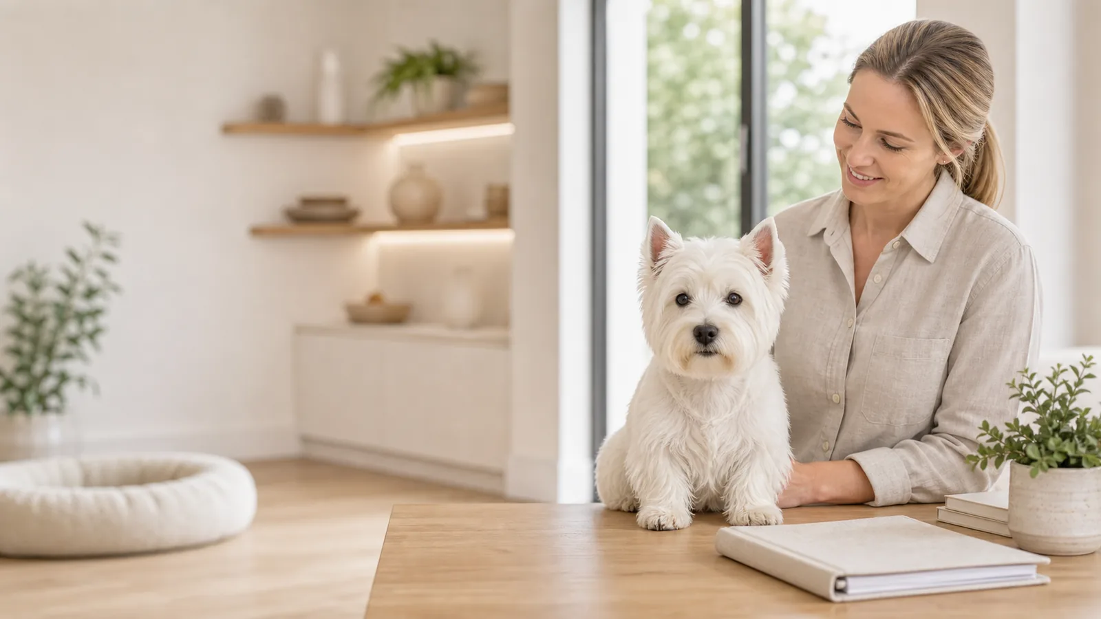 Ethical Westie breeding standards with breeder and adult dog
