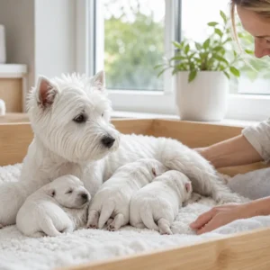 Ethical Westie breeding suite with mother and puppies receiving gentle care