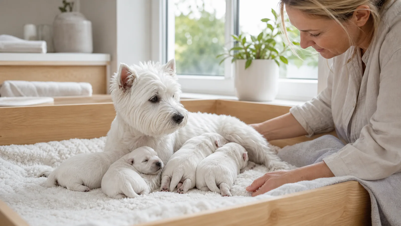 Ethical Westie breeding suite with mother and puppies receiving gentle care