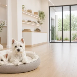 Clean modern Westie breeding center environment with natural oak and greenery