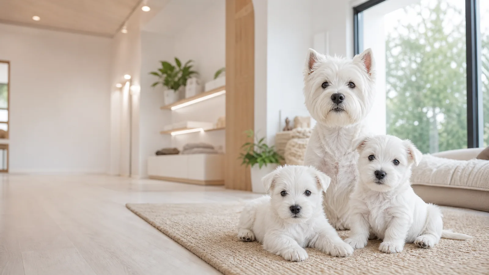 Westie puppies in a premium ethical breeding center with warm natural light