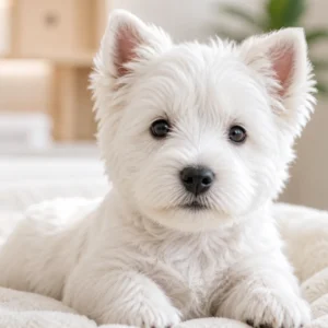 Close-up portrait of a healthy Westie puppy on ivory linen