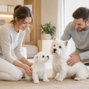 Breeding center staff interacting warmly with Westies