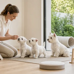 Early socialization training for Westie puppies in a refined indoor space