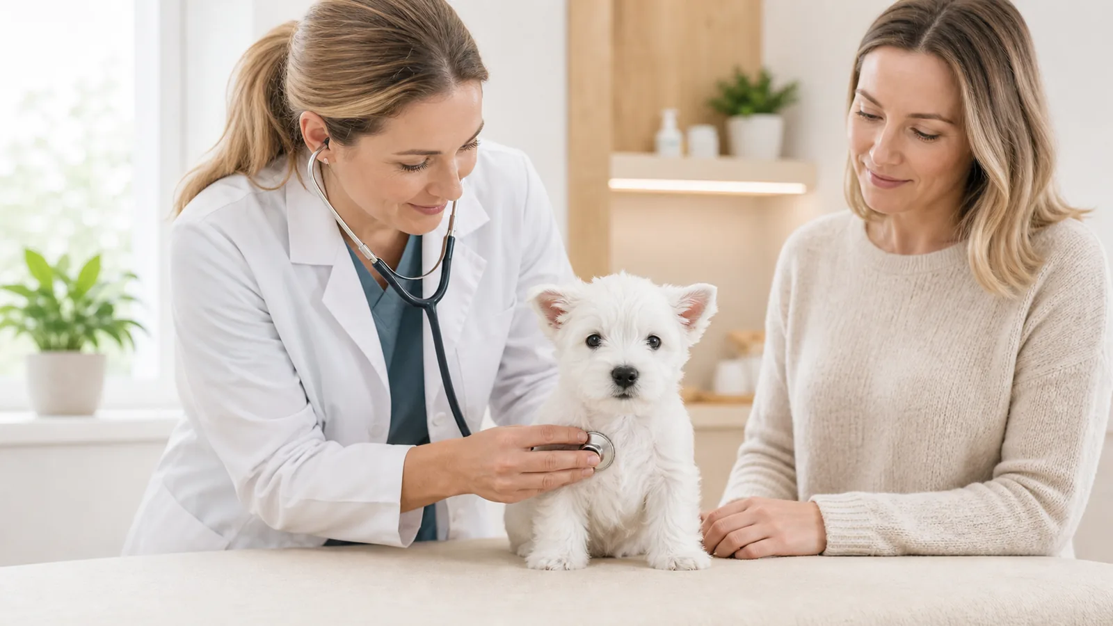 Veterinary wellness check for a healthy Westie puppy